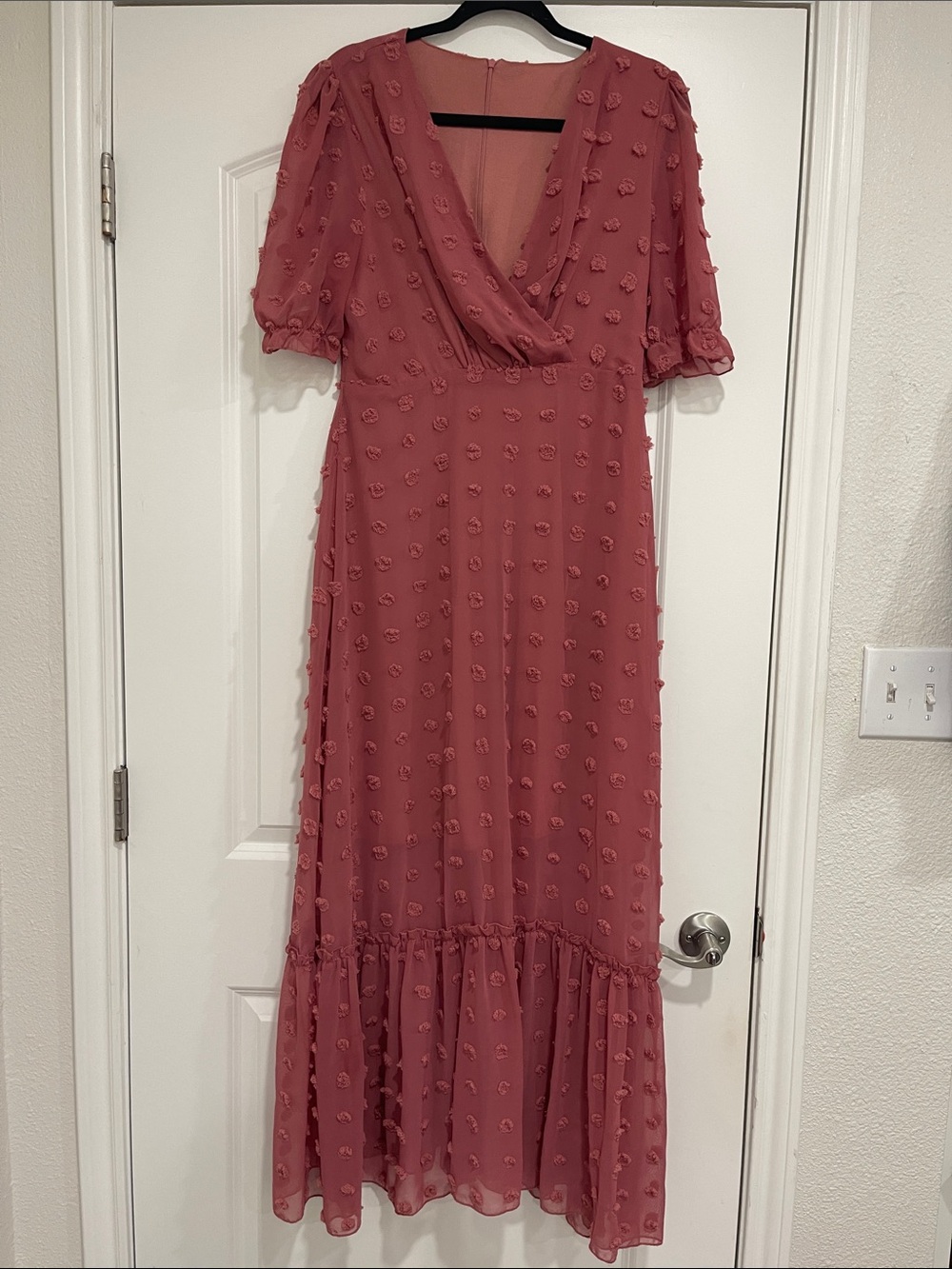 Rust Pink V-Neck Midi Dress with Textured Dot Detail